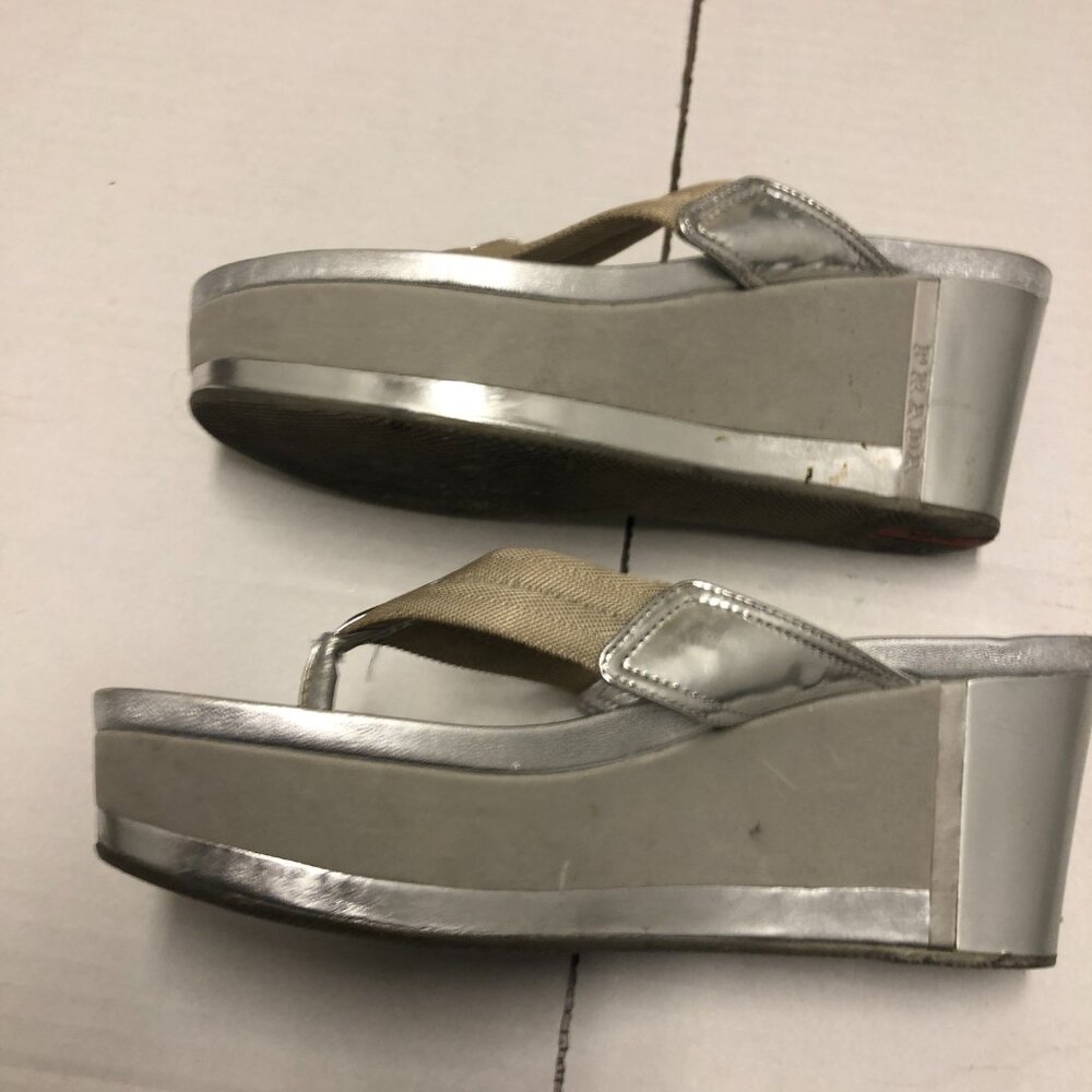 Prada silver platform wedge T-strap open toe leat… - image 6